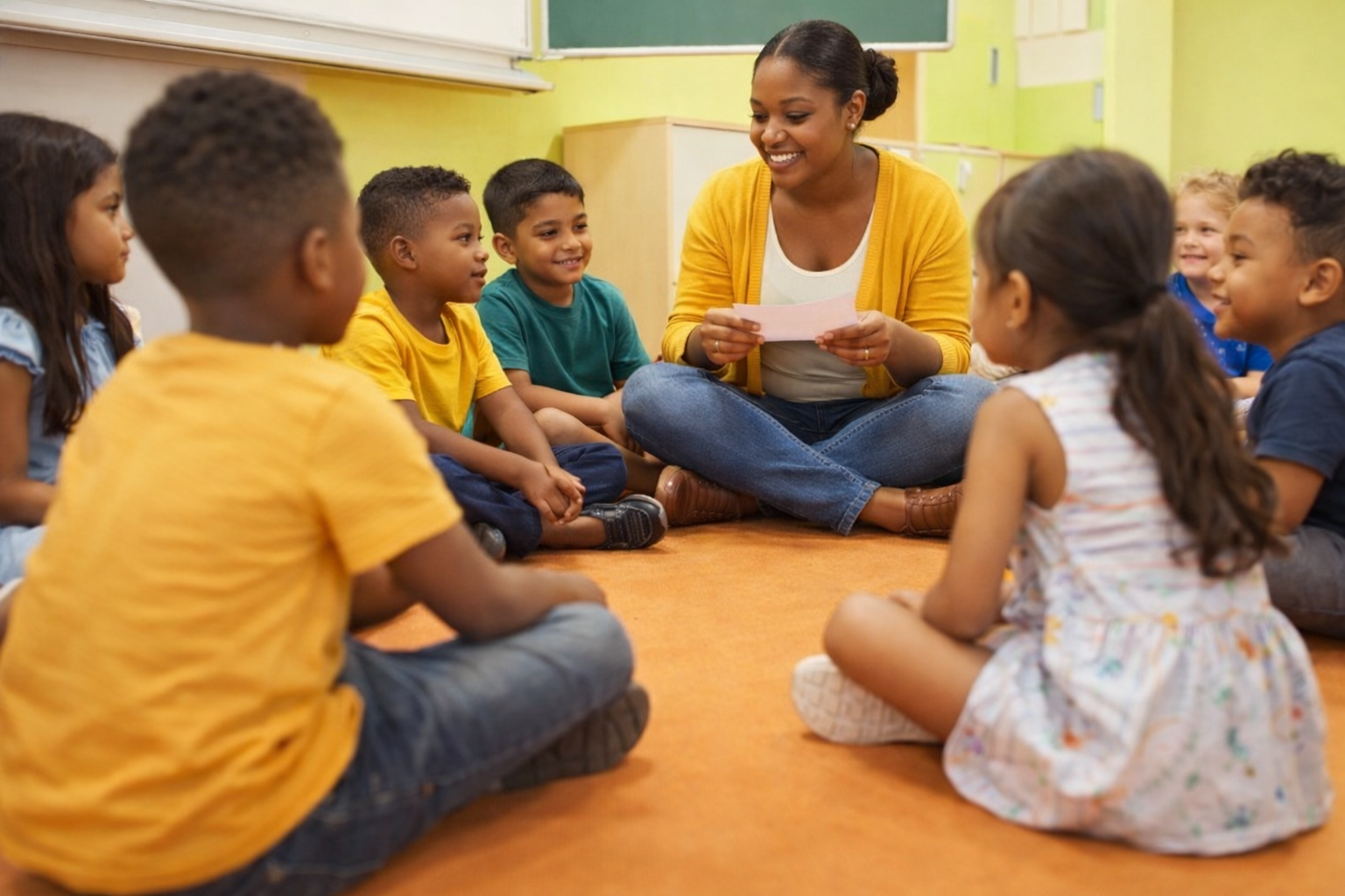 Teacher leading children in a classroom activity